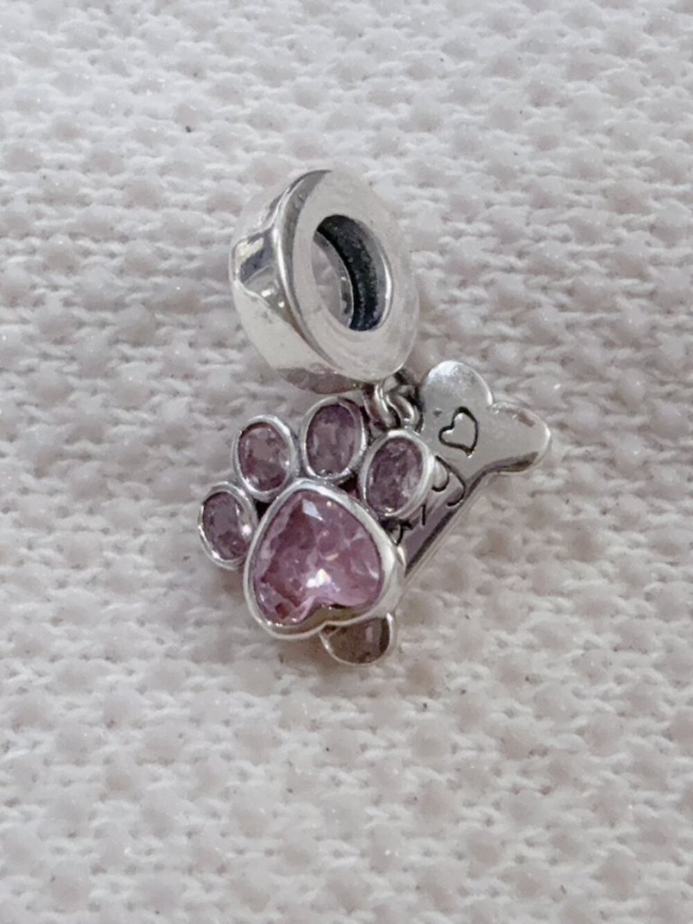 Pink Cz Paw Print Bone Charm Silver Charm For Pandora Bracelet or Necklace